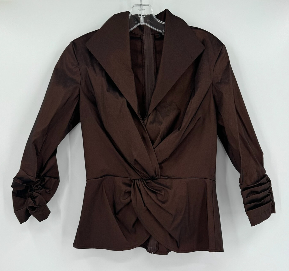 Tadashi Shoji Brown Taffeta Ruched Peplum Jacket Sz 6